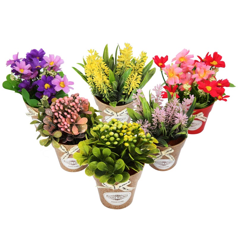 LUEUR Set of 6 Potted Artificial Flowers Fake Flowers with Vase Faux Flowers in Pot, Spring Decor for Home Office Floral Arrangement for Table Dinning Room Decoration Shelf Decor - Image 1